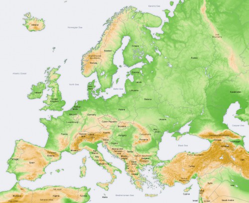 The Ural Mountains on the Europe topography map